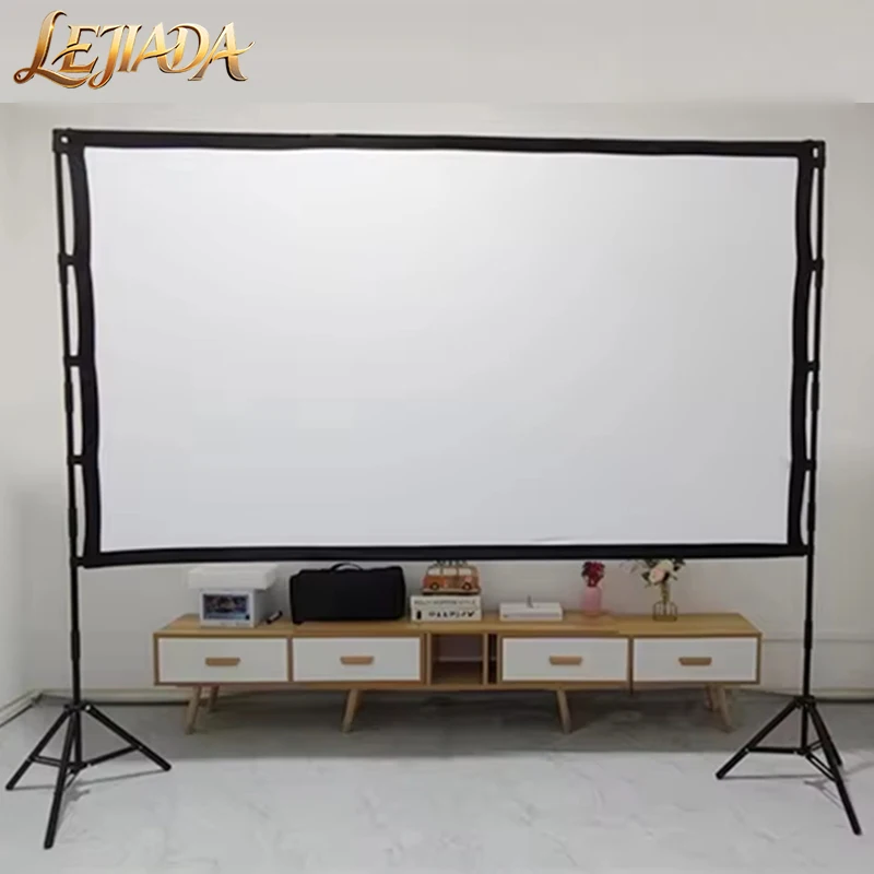LEJIADA 16:9 Floor-Standing Dual Tripod Stand Milk Silk Wrinkle-Free Projection Screen Portable Home Outdoor 60/84/100/120 inch