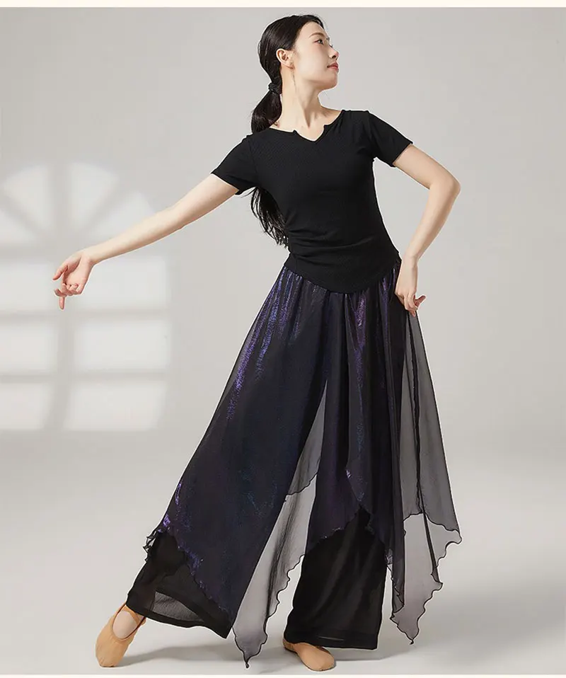 クラシックダンス衣装-ゆったりとしたパフォーマンスドレス-流れるような二重層パンツ付き-ワイドレッグスカートパンツ-練習用トレーニングスーツ