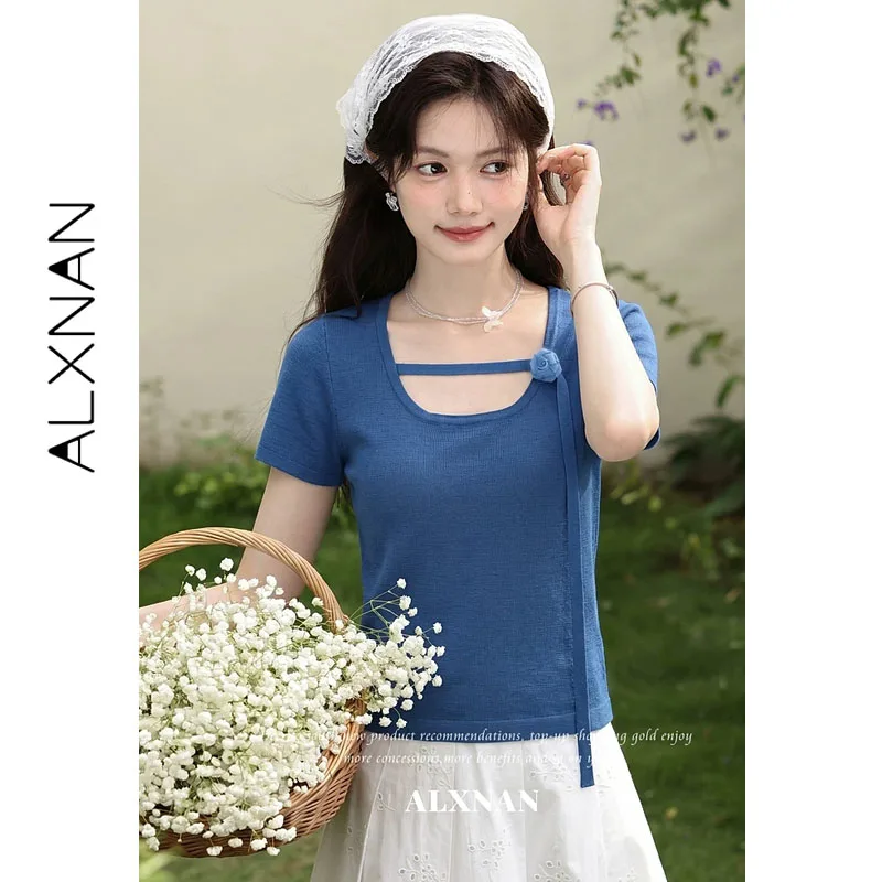 ALXNAN Blue Knitted T-shirt Women Summer Elegant 3D Rose Decor Short Sleeve T-shirt Casual Elegant Female Clothing 2026 L660151A