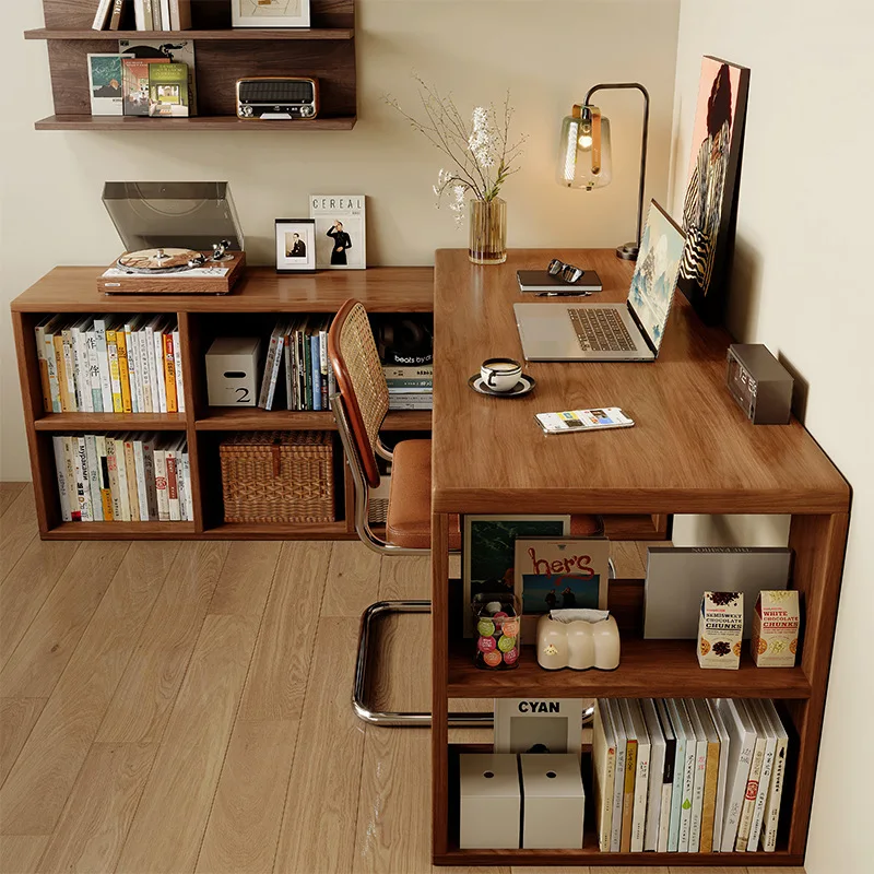 Solid wood corner desk bookcase integrated bedroom home student study table writing desk antique L-shaped computer table