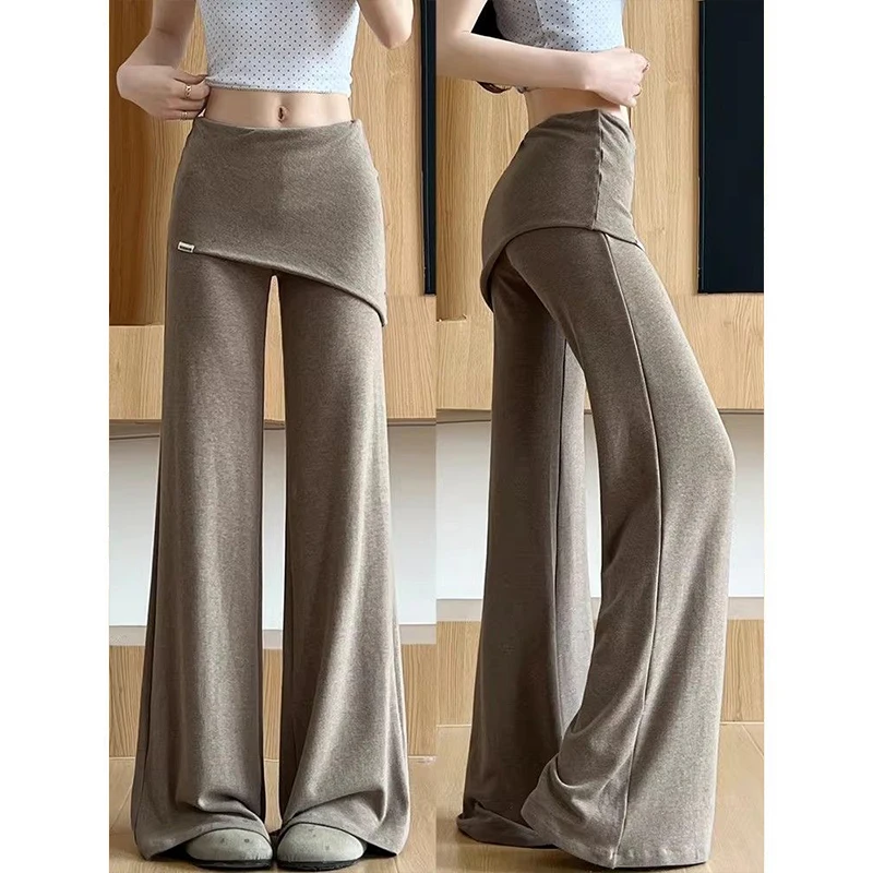 Summer 2026 High Waist Korean Style Fake Two-Piece Commute Casual Slimming Belted Micro Flared Pants Trendy INS Ladies' Casua