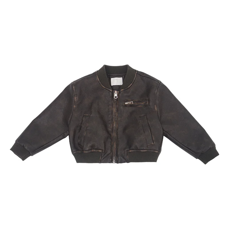 

Kids Clothes Korean Version of Children's Leather Coat Autumn New Boys and Girls Pu Leather Long Sleeve Cardigan Top
