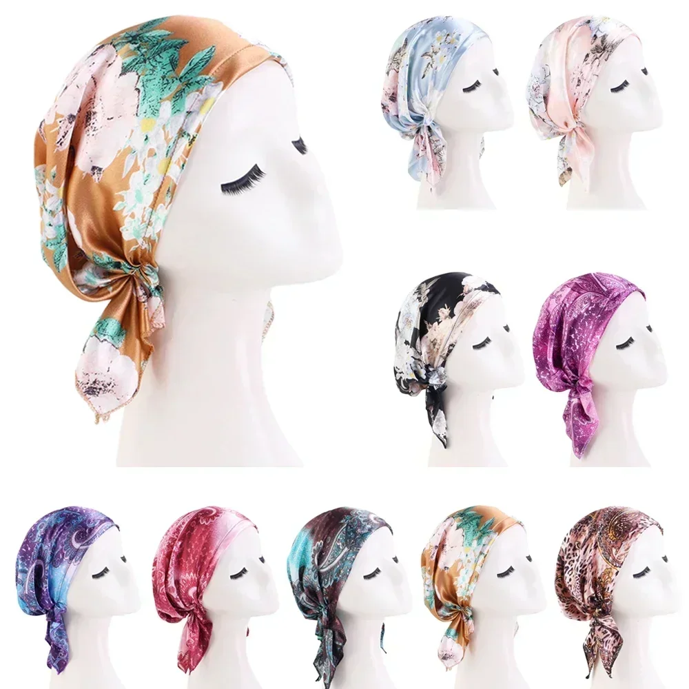 Satin Muslimische Frauen Gedruckt Vorgebundenes Kopftuch Elastische Weibliche Turban Krebs Chemo Hut Haarausfall Schlaf Kappen Abdeckung Headwrap Bandana