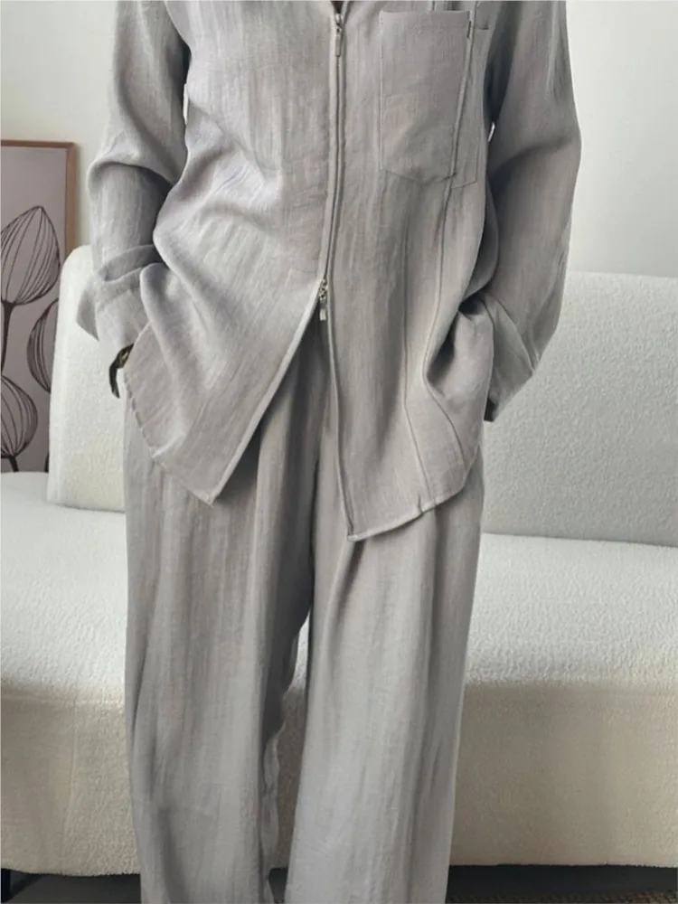 Set Kasual Wanita untuk Fashion Wanita Atasan Ritsleting Lengan Panjang + Celana Kaki Lebar Pakaian Dua Potong Pakaian Solid Kantor Elegan Wanita Baru