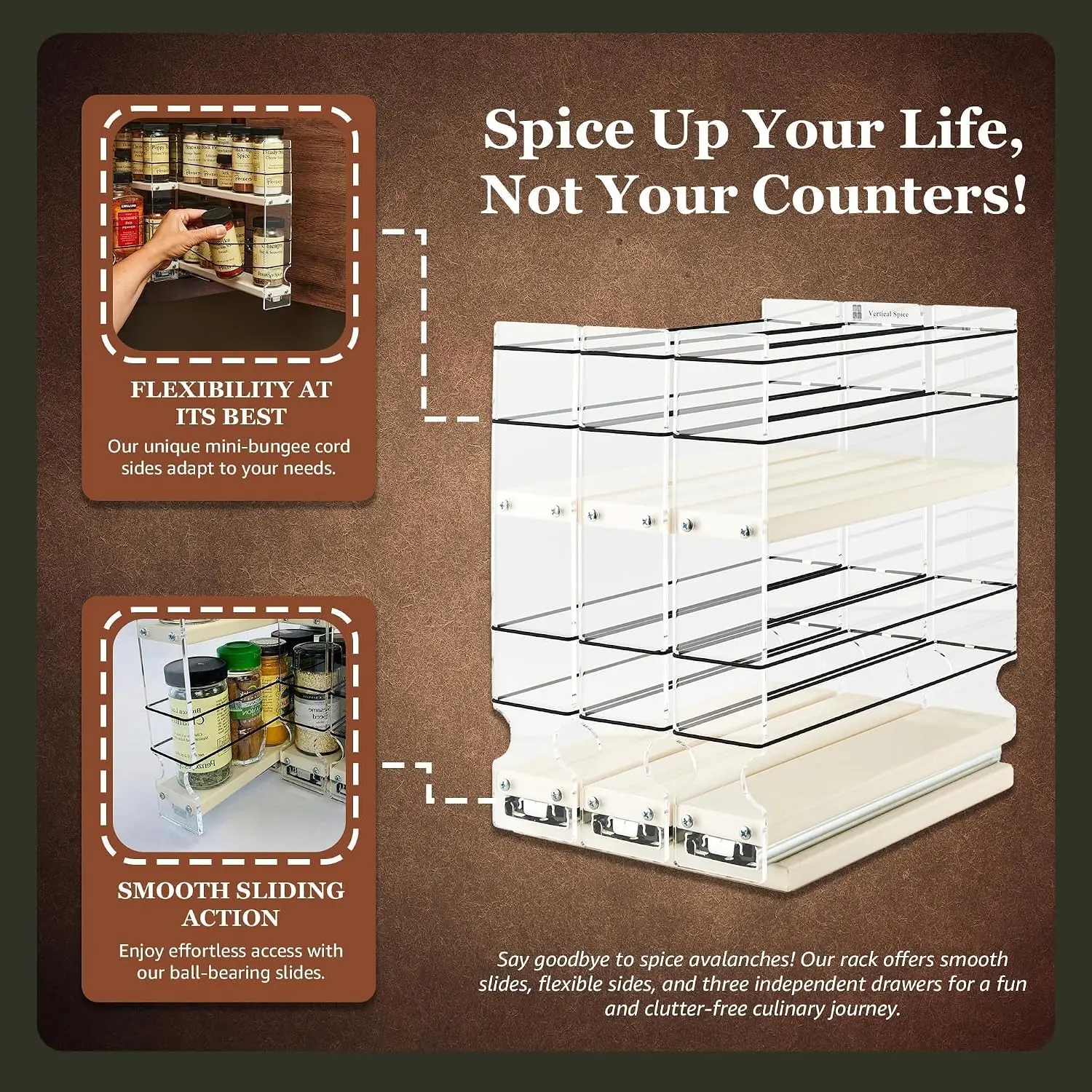 Cabinet Mounted Spice Rack Organizer - 3 Drawers,30 Reg or 60 Half Sized Spice Jars - Pantry Organizers & Storage, Customized