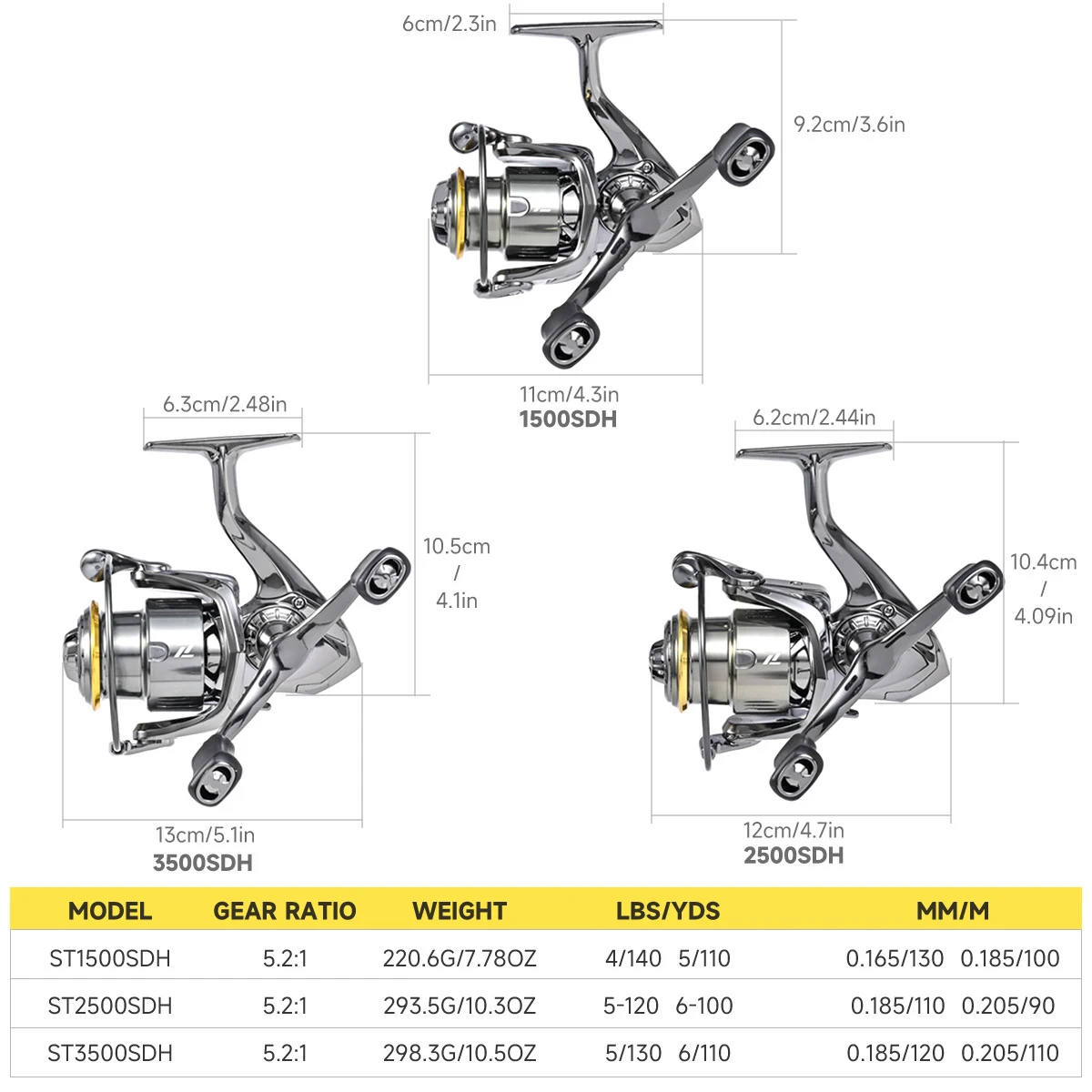 LEOFISHING ST1500SDH Fishing Wheel Dual Handle Spinning Reel 5.2:1 Gear Ratio 7+1 Bearing Left Right Hand Fishing Reel