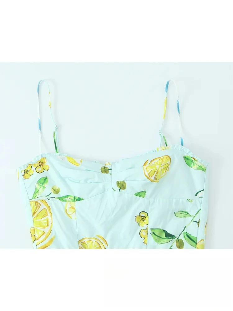 KONDALA Abito lungo da donna vintage chic con stampa di limone Abito lungo con fiocco con lacci senza schienale Moda 2025 Abito da vacanza primavera estate