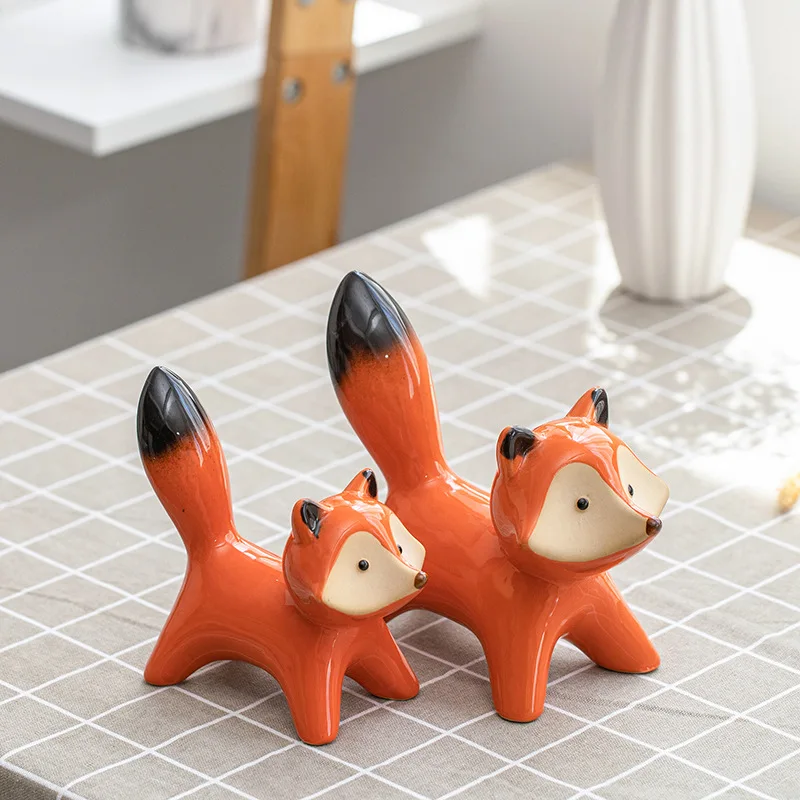 2 Pcs/Set Ceramic Couple Fox Miniature Figurines Modern Animal Decoration Loft Sculpture Statues Home Decor Accessories Ornament