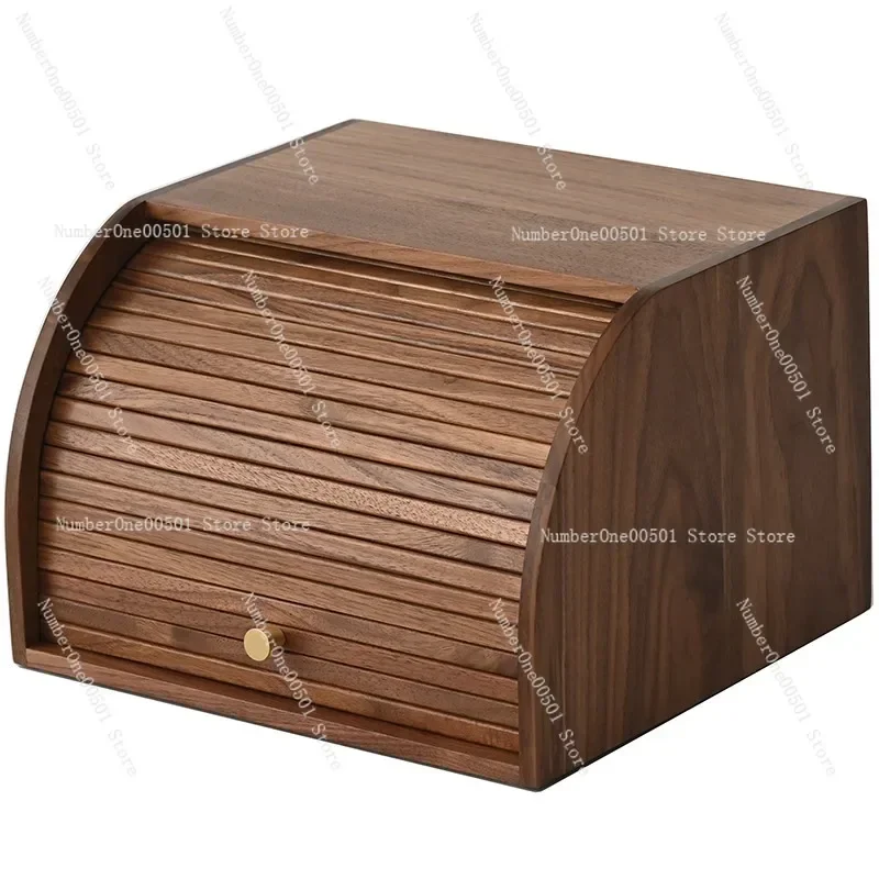 

Fuxia Wood Workshop Black Walnut Solid Wood Roll-up Door Storage Cabinet Retro Style Desktop Organizer