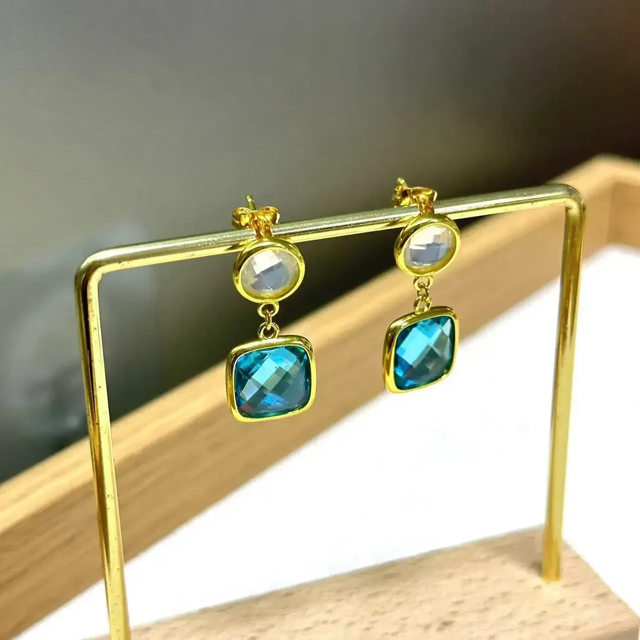 Original Design Square and Round Dangle Earrings Customized for Women Candy Color Crystal Gold Plated