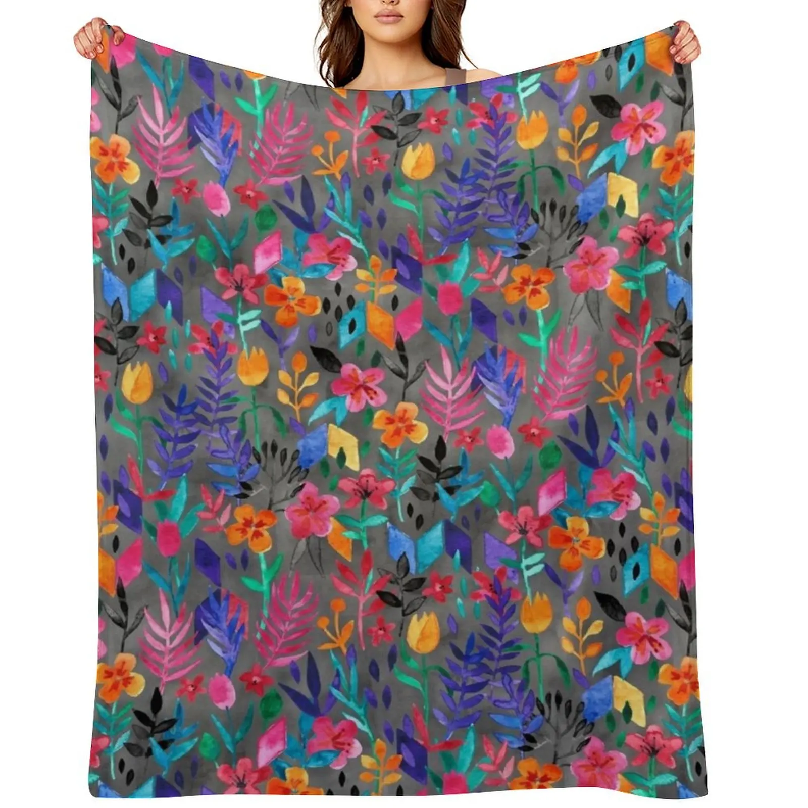 

Popping Color Painted Floral on Grey Throw Blanket warm winter Travel halloween Blankets