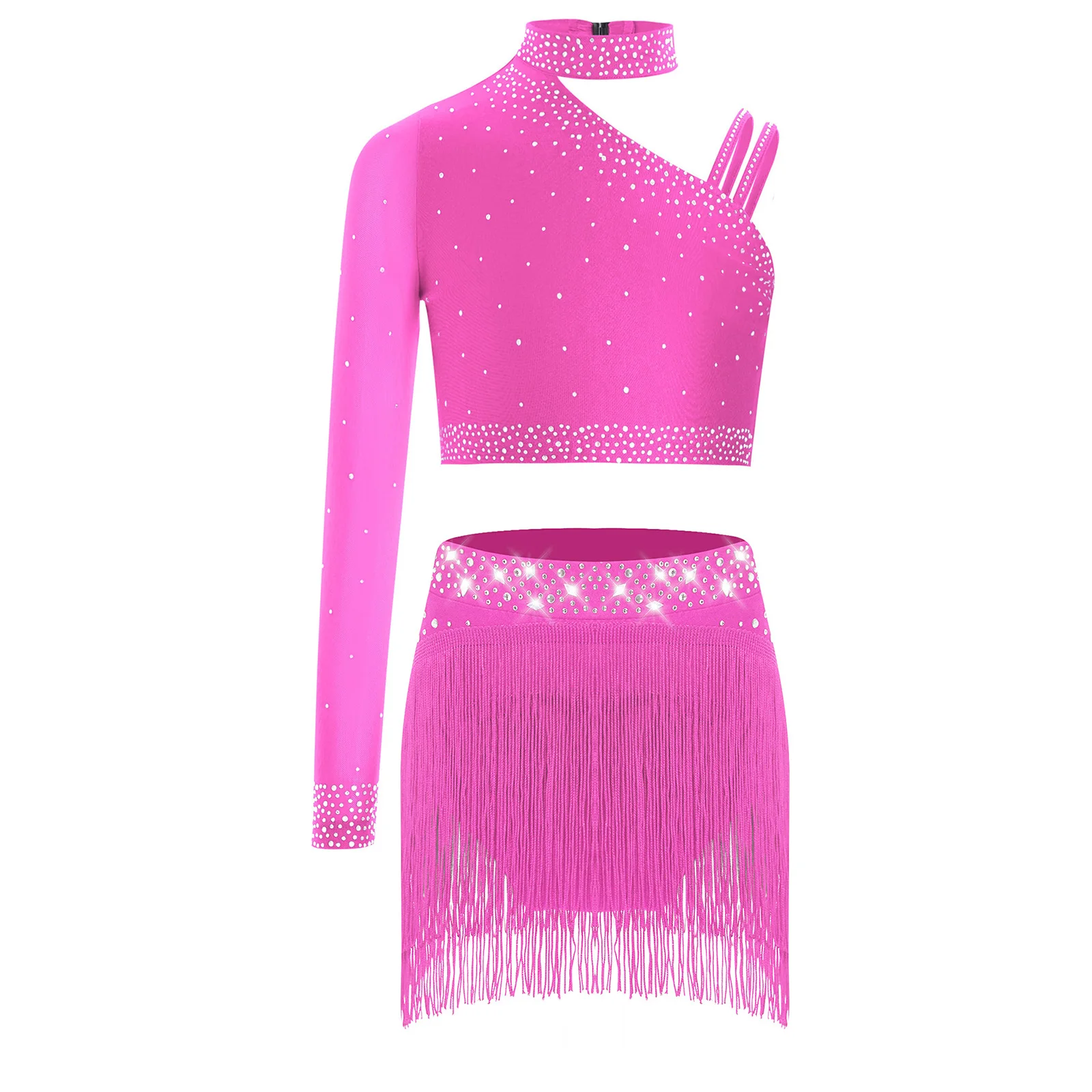 Roupas de dança contemporânea lírica para crianças, meninas, strass brilhantes, top curto com saias, patinação artística, roupas de dança de balé