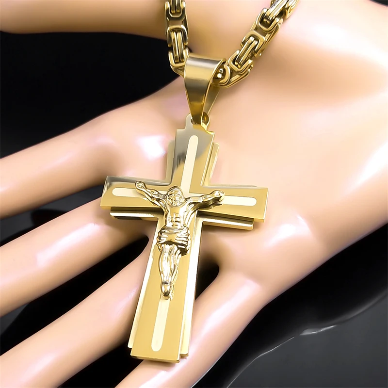 Male Punk Cross Necklace for Women Men Stainless Steel Gold Color Jesus Crucifix Chain Boyfriend Gift Jewelry collar N2342S06