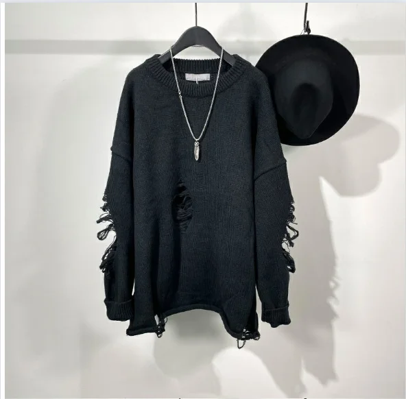 Unisex Holes Knitted  Autumn Winter Fashion Long Sleeve Men Shirt 2024 Oversized Streetwear Vintage Couple Woman Top