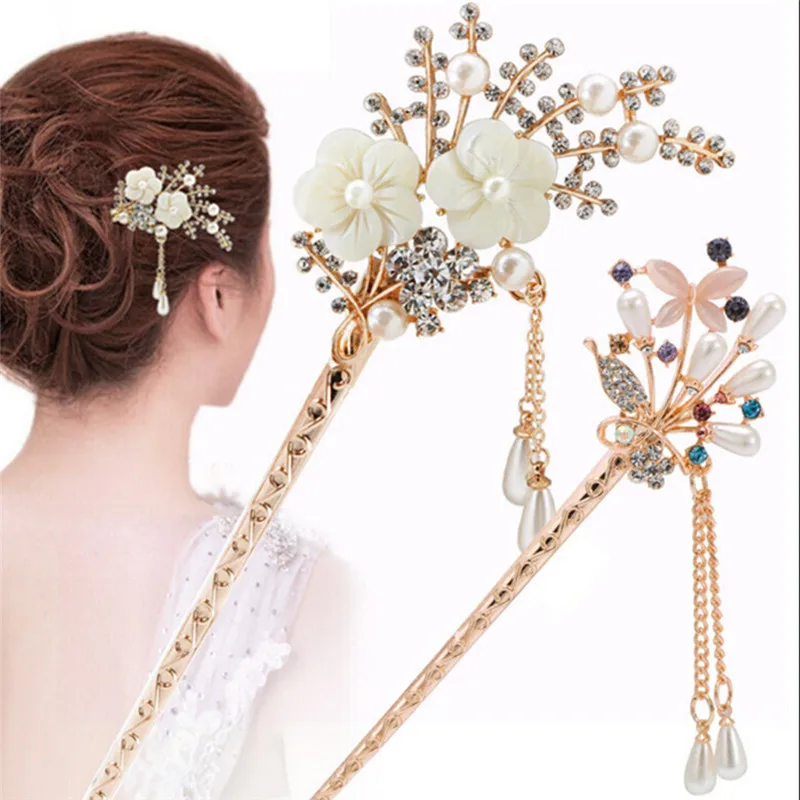 Fermagli per capelli Hanfu in stile cinese donna elegante regalo di nozze spilla per capelli forcina con strass Hairstick fiore copricapo accessori