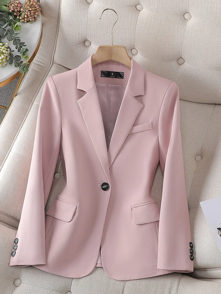 Women's Monochromatic Formal Jacket, Long Sleeve Blazer, Single Button, Blue, Black, Pink, Coffee, Ladies, Female Business Work