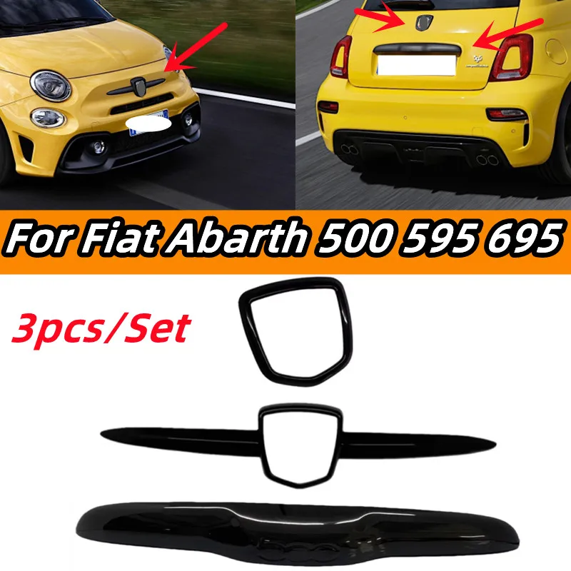3pcs/Set Boot Tailgate Door Handle And Front / Rear Logo Badge Grill Strip Cover For Fiat Abarth 500 595 695 595C 695C