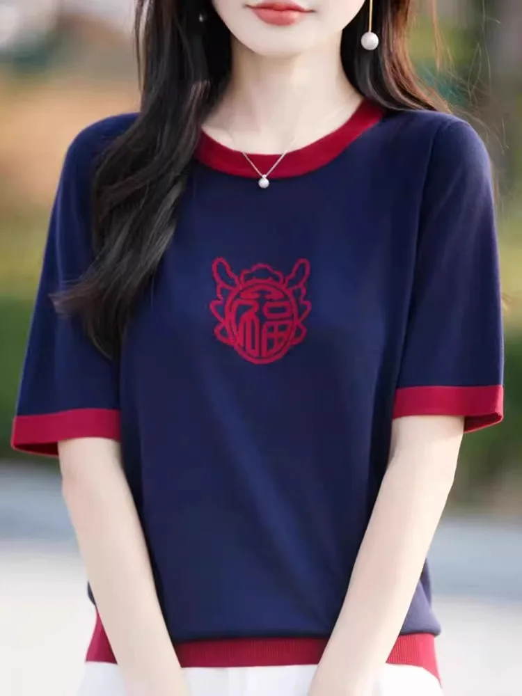 2025 جديد Faionable اللون بلو الحرير محبوك ort Sve T irt المرأة الصيف ملابس نسائية جديد Sle Ele Luy شخصية #1