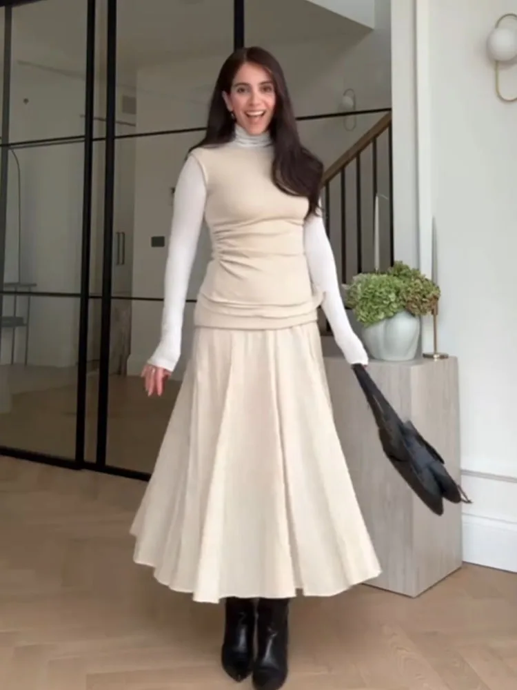 

HH Женская однотонная юбка-миди, комплект на молнии с круглым вырезом, плиссированный топ без рукавов с украшением + повседневная мягкая длинная юбка трапециевидной формы с высокой талией