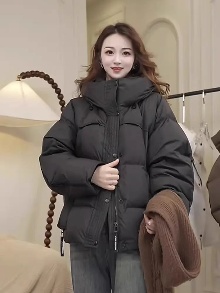 Amerykański, swobodny, ocieplany, zimowy, bawełniany płaszcz damski typu bread coat, ciepły, przytulny, mały, modny, w stylu koreańskim.