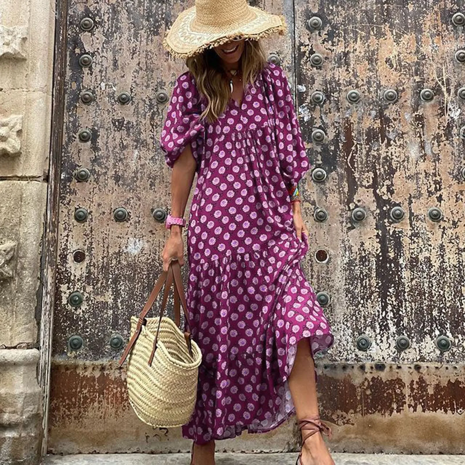 

Women Casual Long Dress Bohemian Floral Printed Summer Dresses Puff Sleeve V-Neck Loose Holiday Vacation Dress Female Clothes