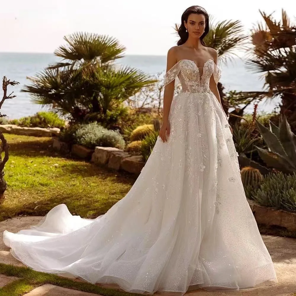 customized Exquisite Flowers Beaded Wedding Dresses Luxury Backless Appliques A Line Bridal Gown Boat Neck Vestidos No veil