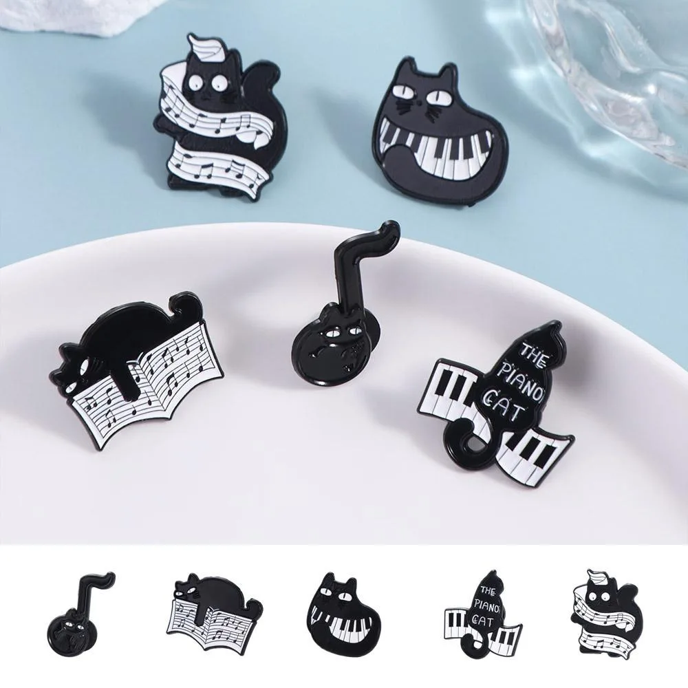 Cartoon Black Cat Enamel Pin Purring Kitten Electronic Organ Piano Cat Badge Music Instrument Music Score Beating Note Brooch