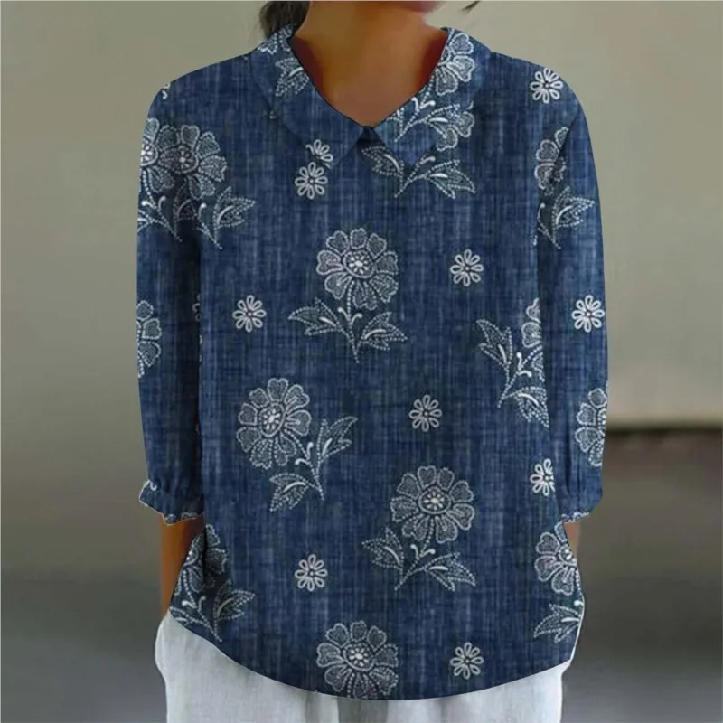 Soring Fall Vintage Blouses Casual New Long-sleeve Bamboo Linen Lapel Print Fashion Versatile Shirt Elegant Women Top Streetwear