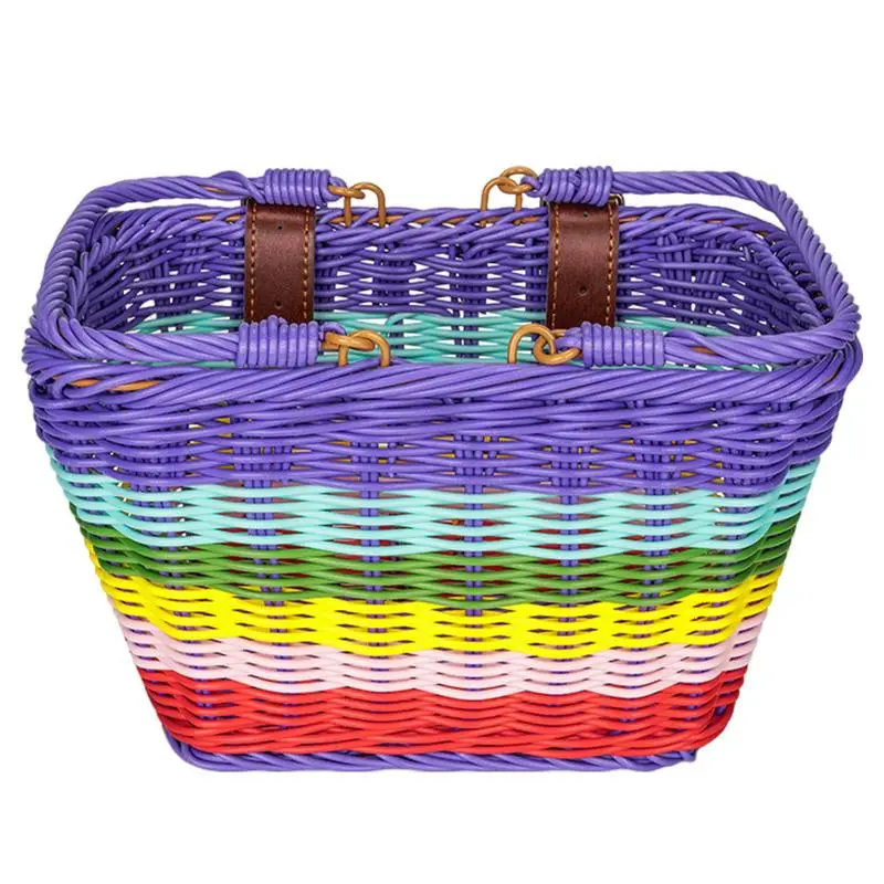 Cycle Front Basket Boys Girls Front Cycle Basket Waterproof Hand-Woven Rattan Cycle Basket With Adjustable PU Belts For Little