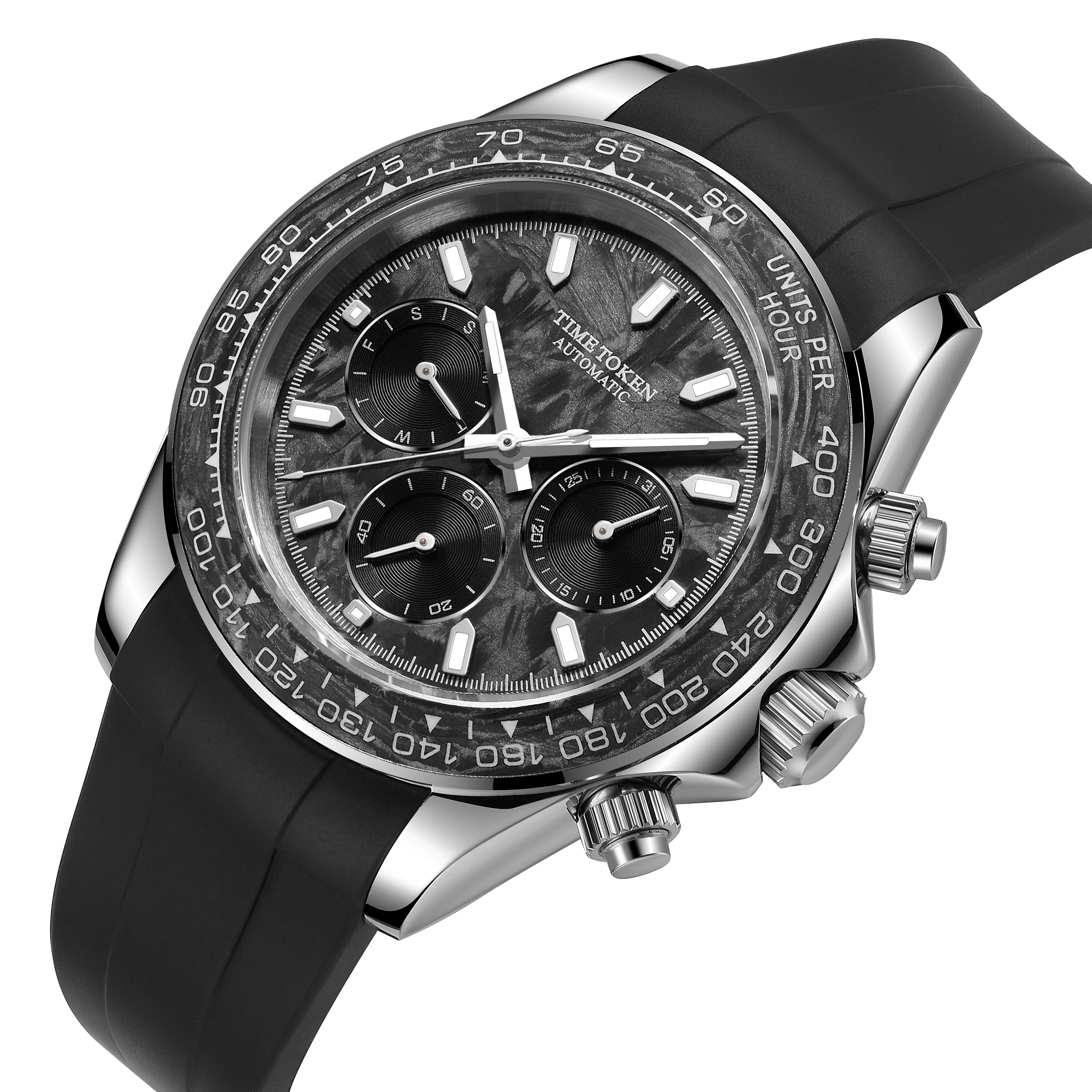 TIME TOKEN 40mm Men's Carbon Automatic Mechanical Watch Luxury Diver 100m Water-Resistant with Calendar And Week Function