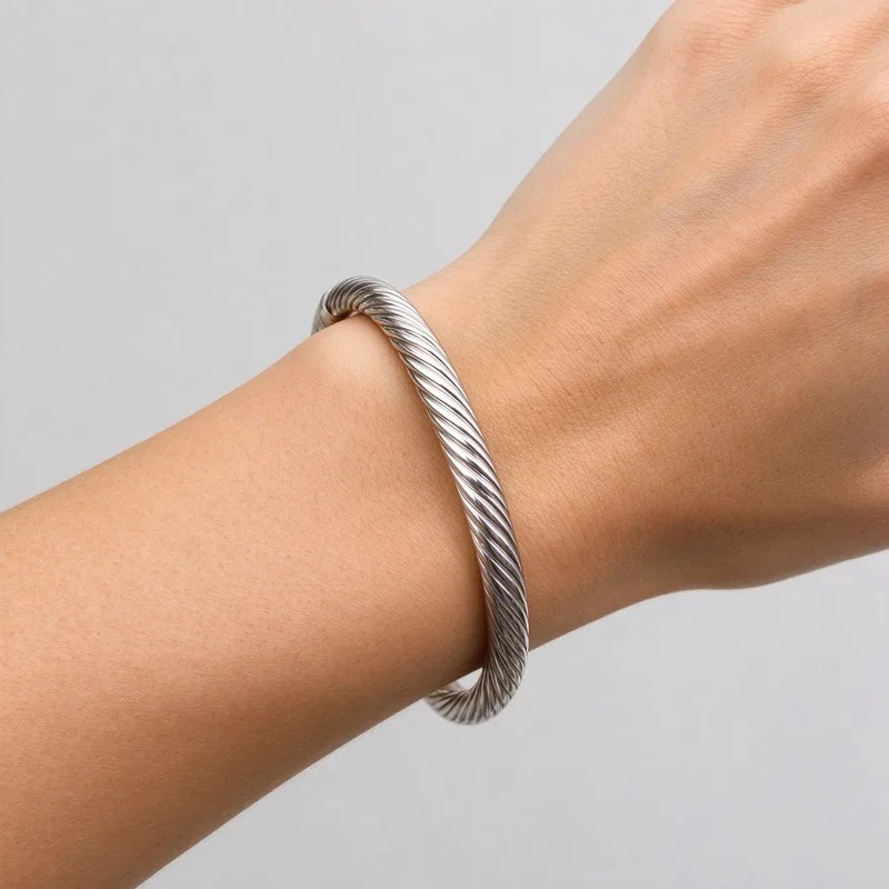 7mm Thick Twisted Cable Cuff Bracelet for Women High Quality Polished Silver Tone Alloy Diamond Pave Rounded Ends Open Bangle Bold Cable Style Jewelry for Daily Wear Party Wedding and Every Day and Christmas Birthday Bold Style Anniversary Gift for Her