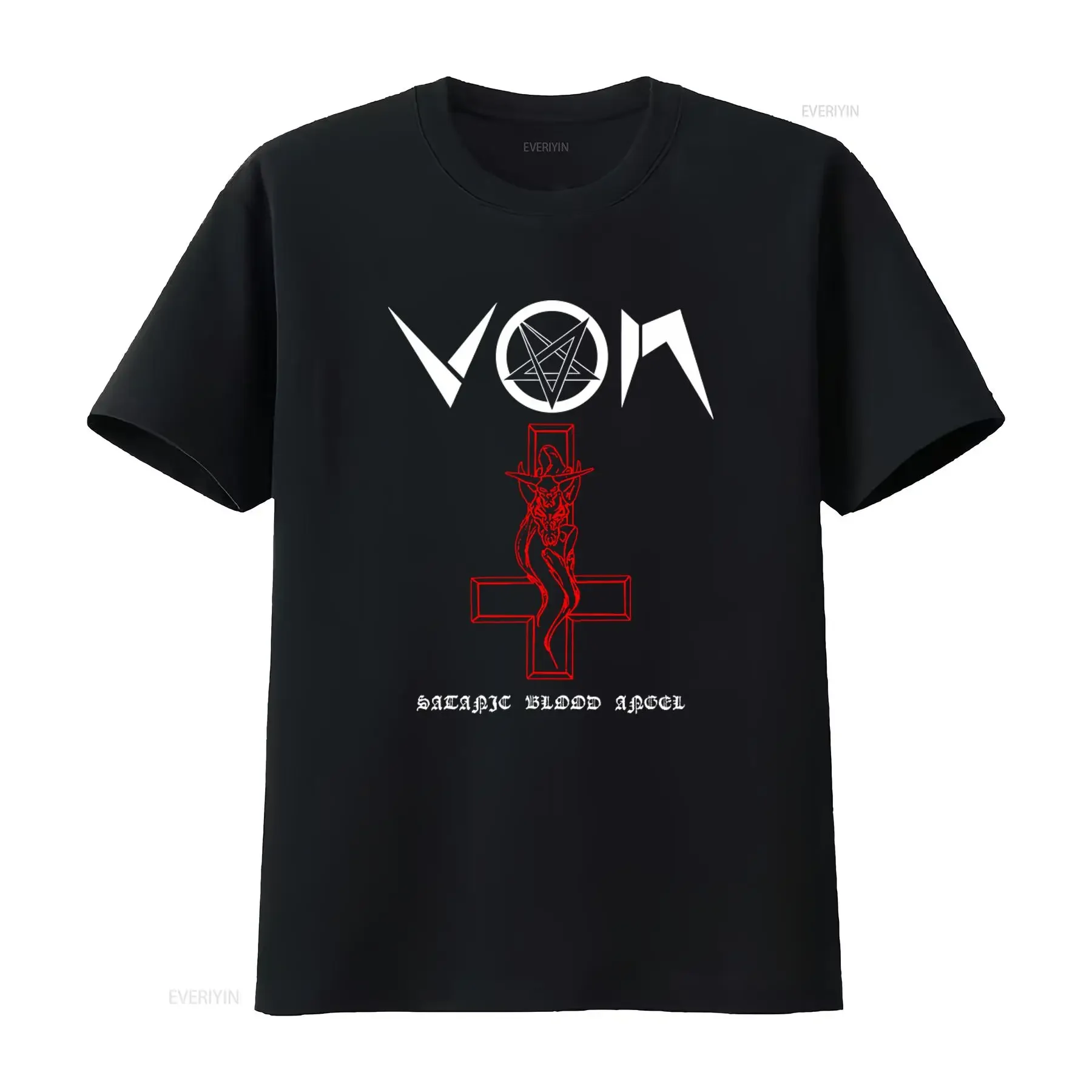 Camiseta Von Satanic Blood Angel con diseño inspirado en bandas de heavy metal para declaraciones de moda audaces, estilo vintage lavado y elástico.