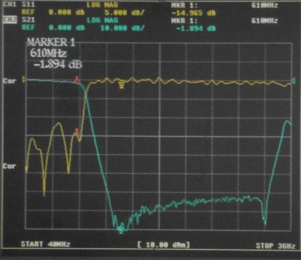 610MHz 9th-order low-pass filter, discrete LC components, small volume, SMA interface