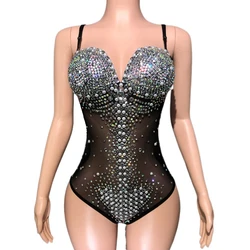 Sexy Mesh See Through Striped Rhinestones Leotard Women Singer Dancer Performance Costume Stage Wear Gemstones Photo Shoot Dress