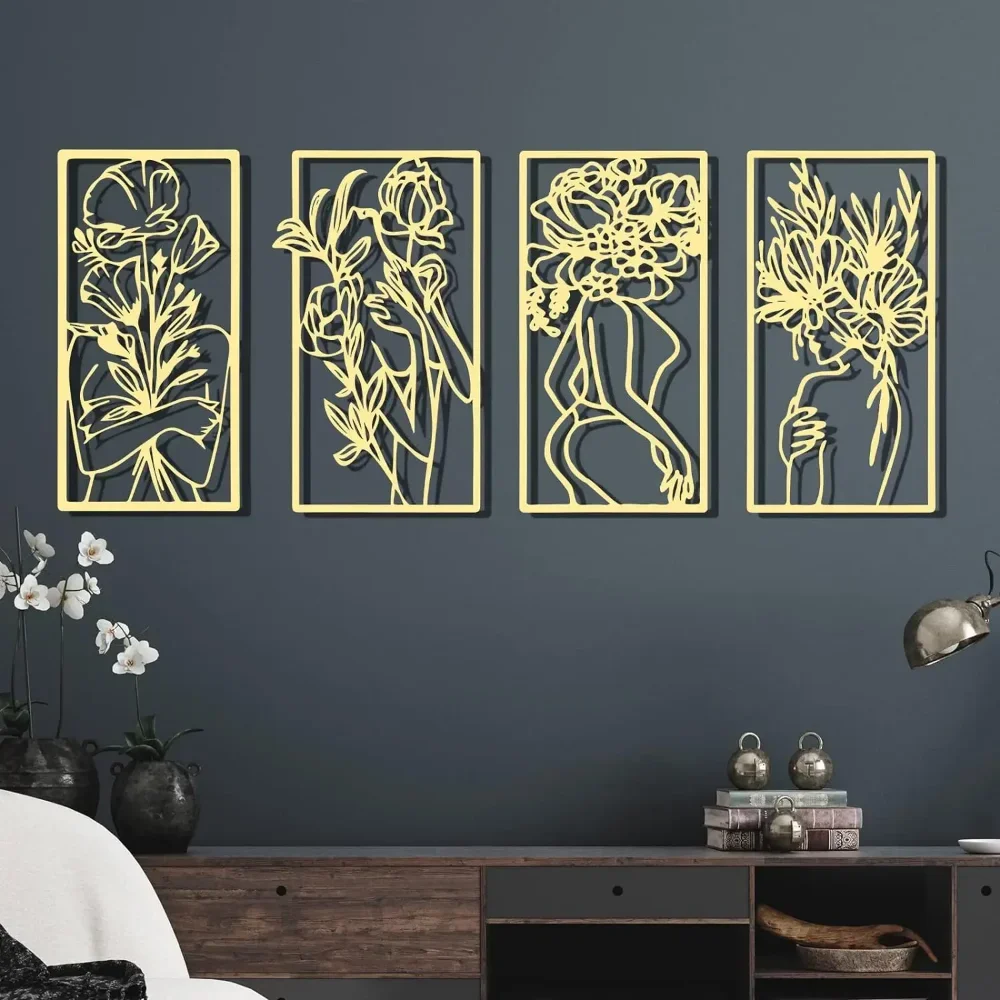 4-Pack Modern Abstract Female Line Art - Metal Wall Sculptures, Single Stroke Iron Decor