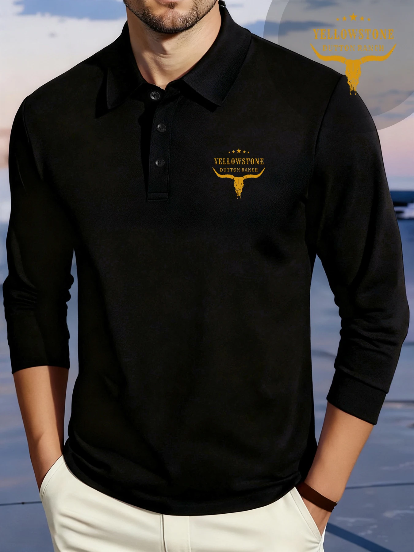 Yellow Stone Dutton Ranch Printed Men Polo Shirts Casual Fashion Shirt Business Button Long Sleeve Autumn Soft Lapel Tops