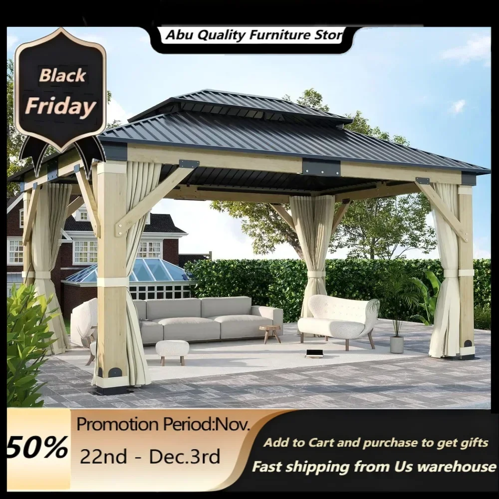 Gazebo,13'x15' Wood Gazebo With Curtain & Netting, Hardtop Gazebo With Double Roof Galvanized Steel Top, Outdoor Solid Cedar Woo