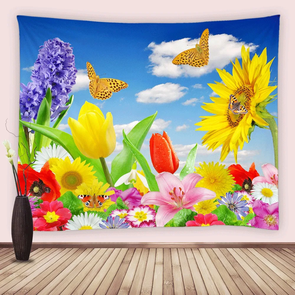 

Blooming Flowers Tapestry Wall Hanging Sunflowers Tulip Daisy Butterfly Blue Sky Tapestries Bedroom Living Room Dorm Decor Home