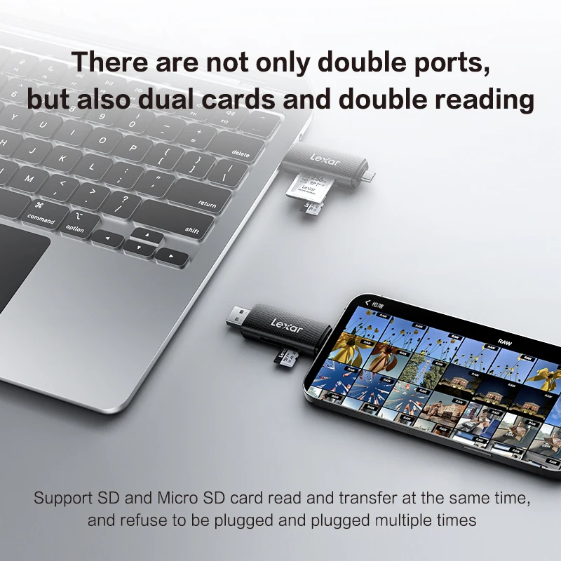 قارئ Lexar ثنائي الفتحة USB-A USB-C يصل إلى 205 ميجا بايت/ثانية قارئ بطاقات SD USB 3.2 وقارئ بطاقات Micro SD للكمبيوتر والهاتف