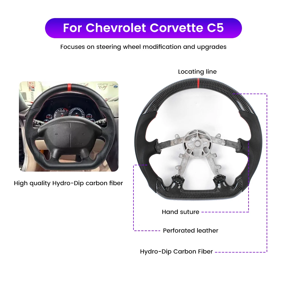 Flat bottom D-type Carbon Fiber Steering Wheel For Chevrolet Corvette C5 Perforated Anti-slip Leather Red Line Replacement