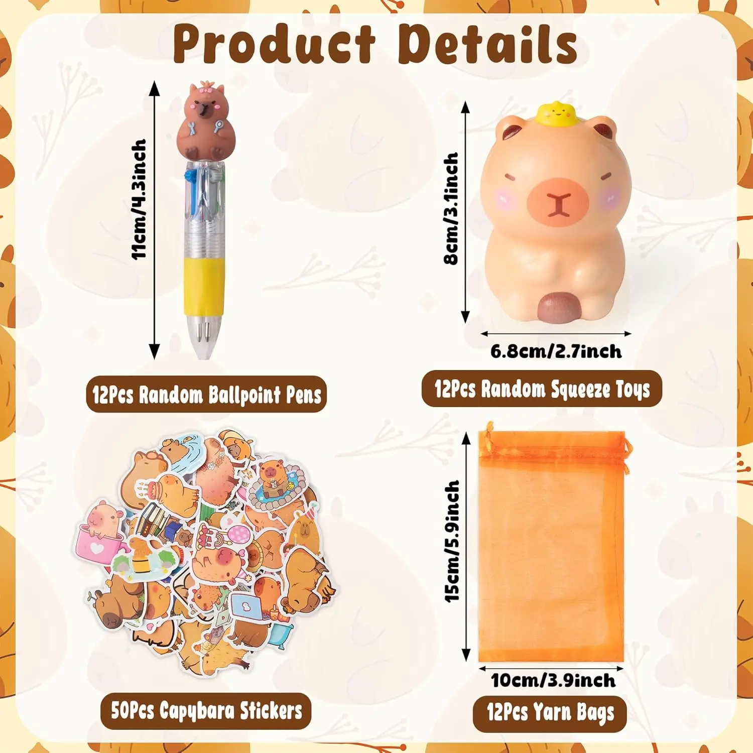 12 Pack Capybara Squeeze Toys Party Favor Gift Random Slow Rising Squishy Toys Ballpoint Pen Stickers Capybara Party Goodie Bag