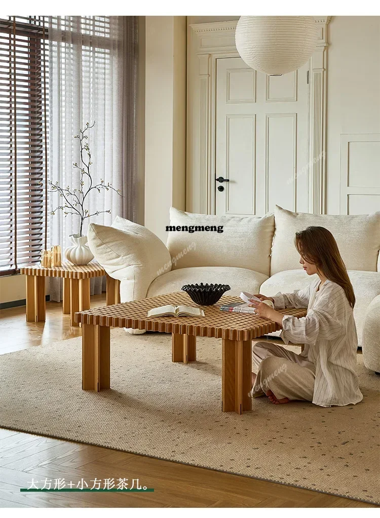 Waffle coffee table new medieval solid wood square table Japanese-style living room household small apartment creative tea table