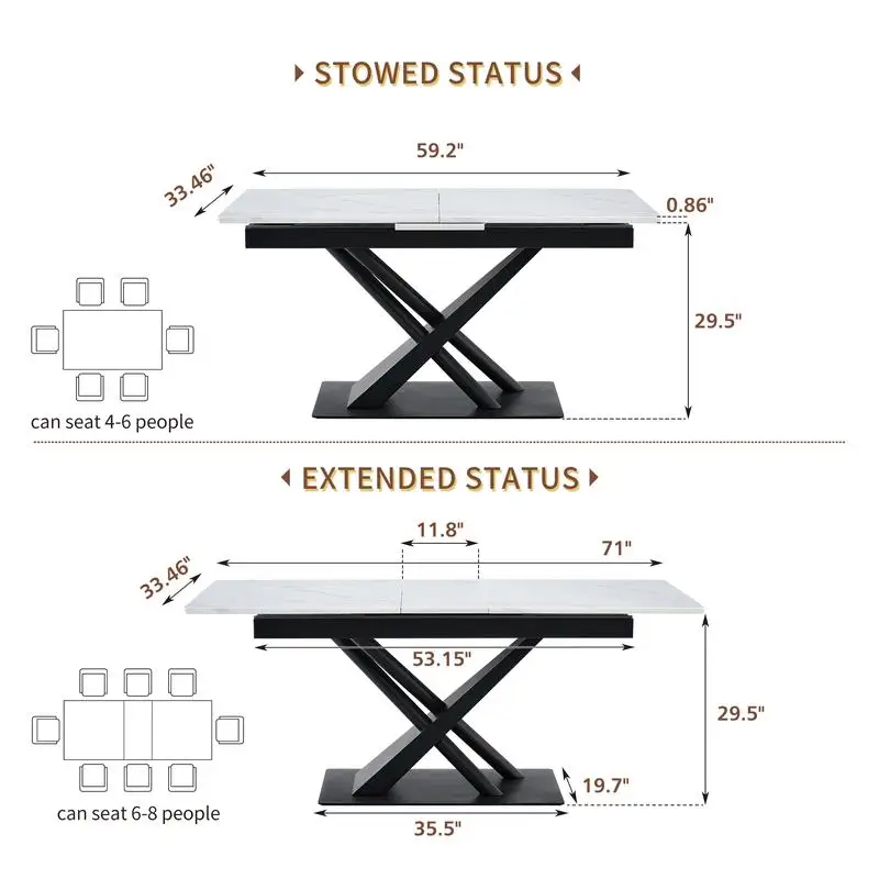 طاولة طعام حديثة مع سطح قشرة MDF من الرخام الأبيض وأرجل معدنية بإطار X هندسي، قاعدة قوية للمطبخ المعاصر أو #2