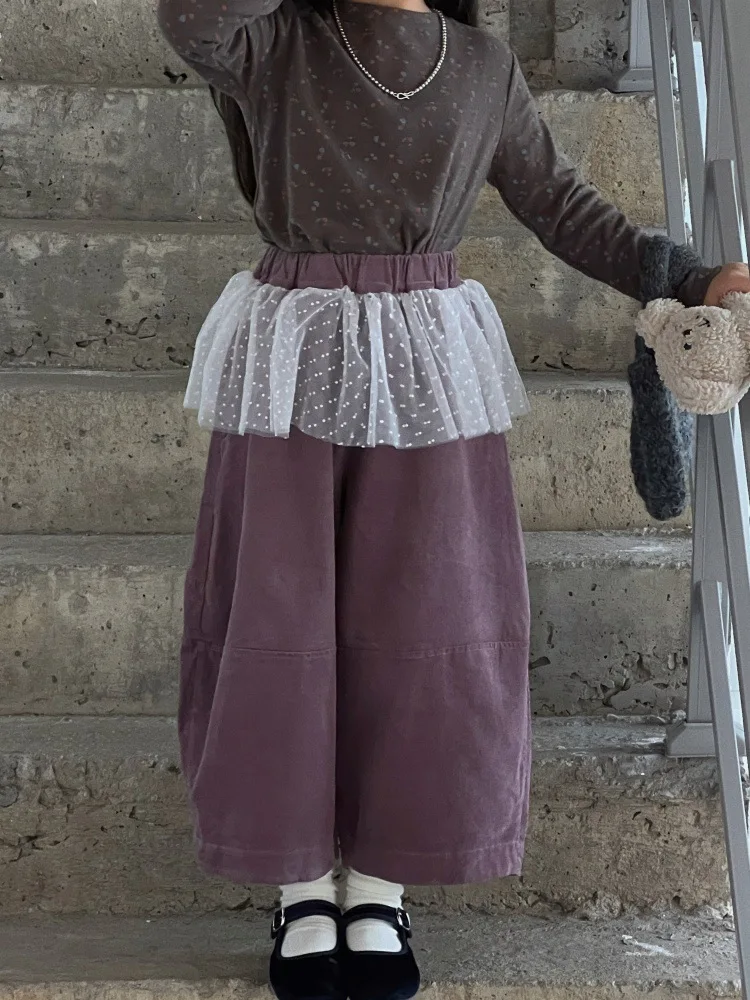 Girls Velvet Pants Korean Style Autumn New Arrival Purple Striped Trousers Soft Cotton Polyester Fabric Loose Fit Long Trousers