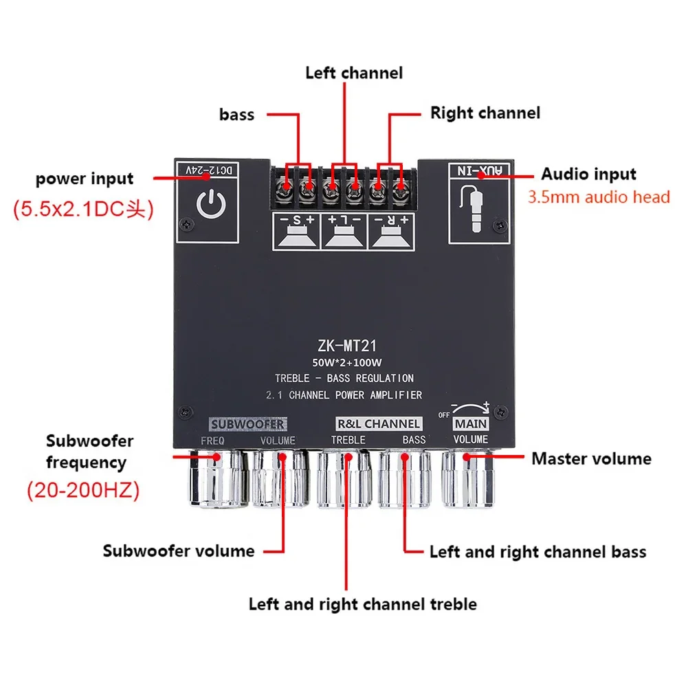 ZK-MT21 2.1 Kanaal Bluetooth Versterker Board 50wx2 + 100W Hifi Subwoofer Stereo Versterker Board 502l/502mt/1002T/1002l Amp Board