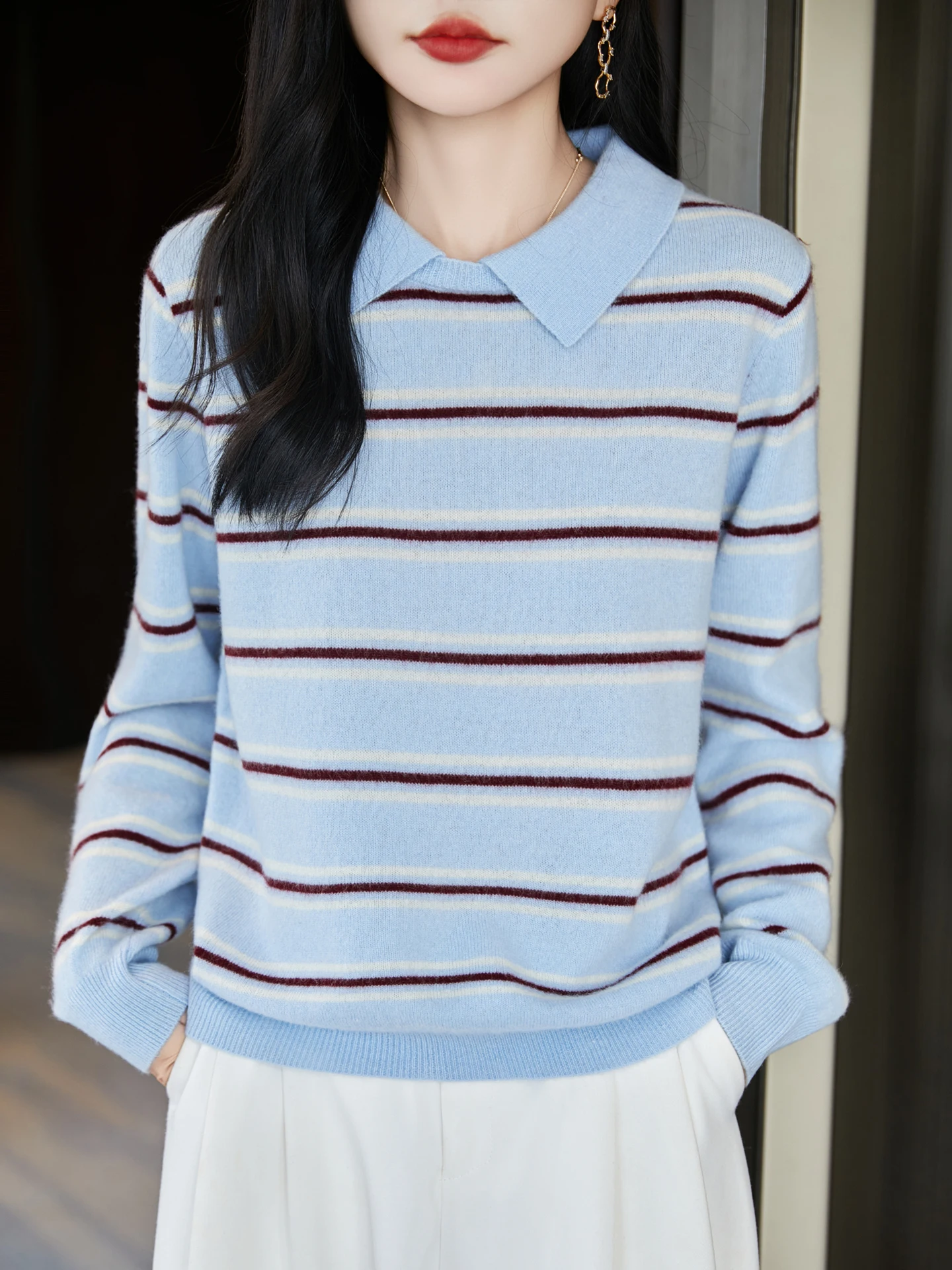 

TLOML New Women Wool Striped Pullover Casual Turn Down Collar Cashmere Sweater Autumn Winter Soft Warm 100% Merino Wool Knit Top
