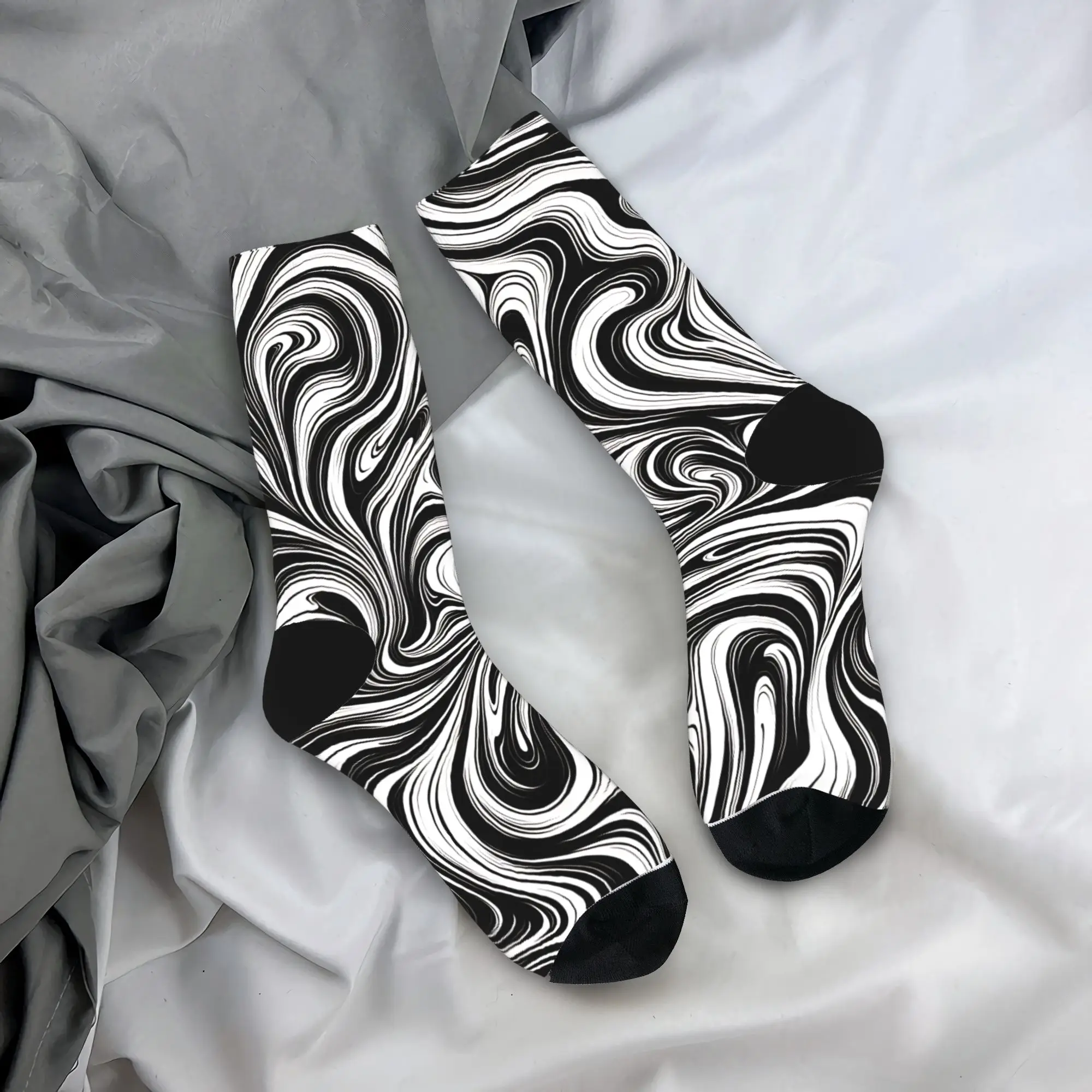 Black White Abstract Swirl Texture Stockings Women Men Socks Medium Soft Harajuku Socks Autumn Running Sports Anti-Slip Socks