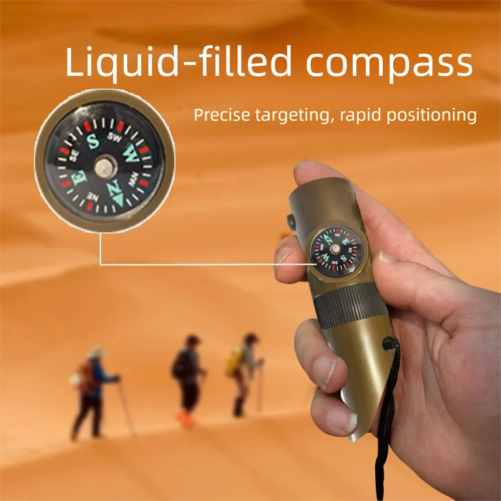 Outdoor camping seven-in-one multifunctional whistle survival whistle lifesaving whistle LED light thermometer compass