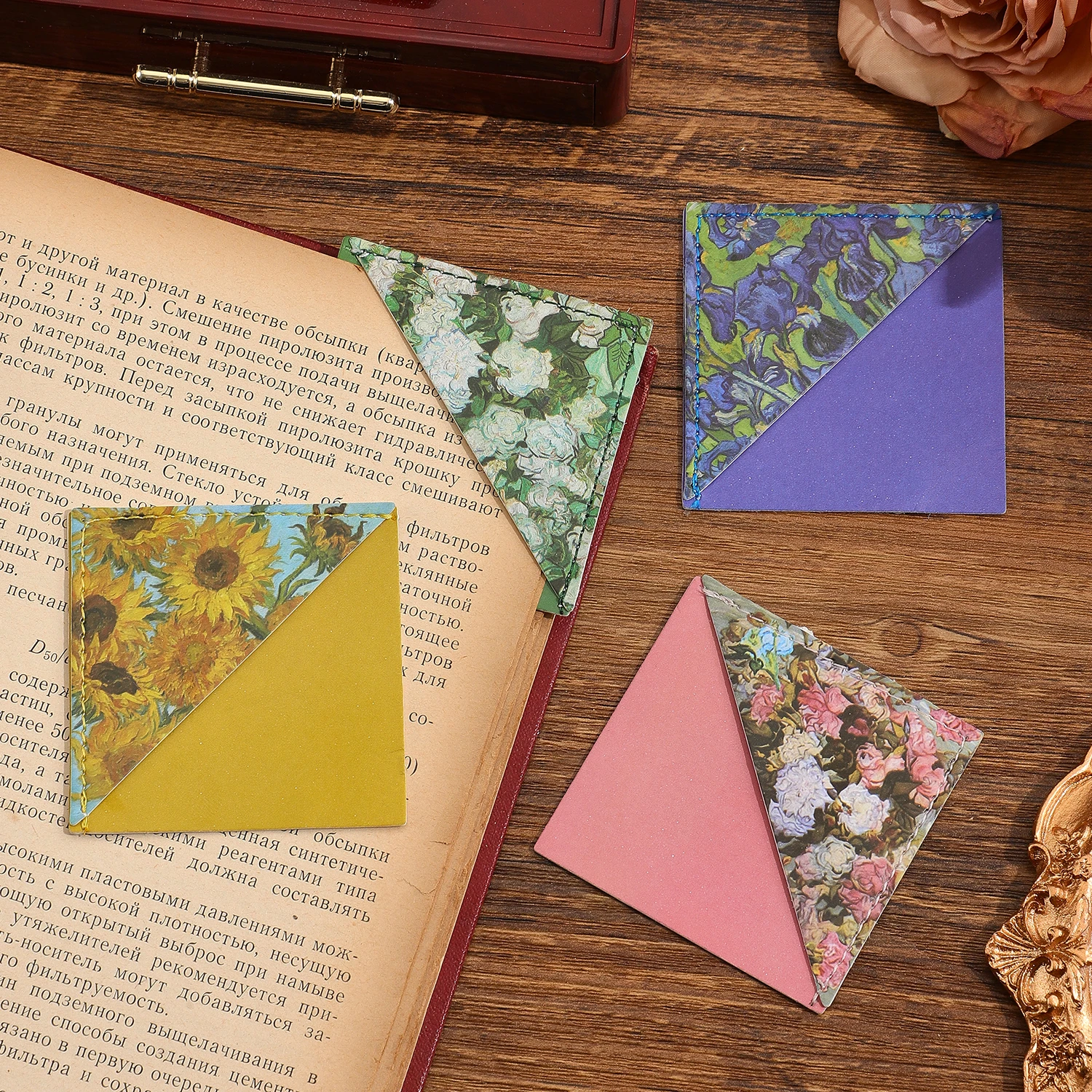 4Pcs Flower Art Leather Corner Bookmarks, Vintage Oil Painting Page Markers for Book Lovers - view 3
