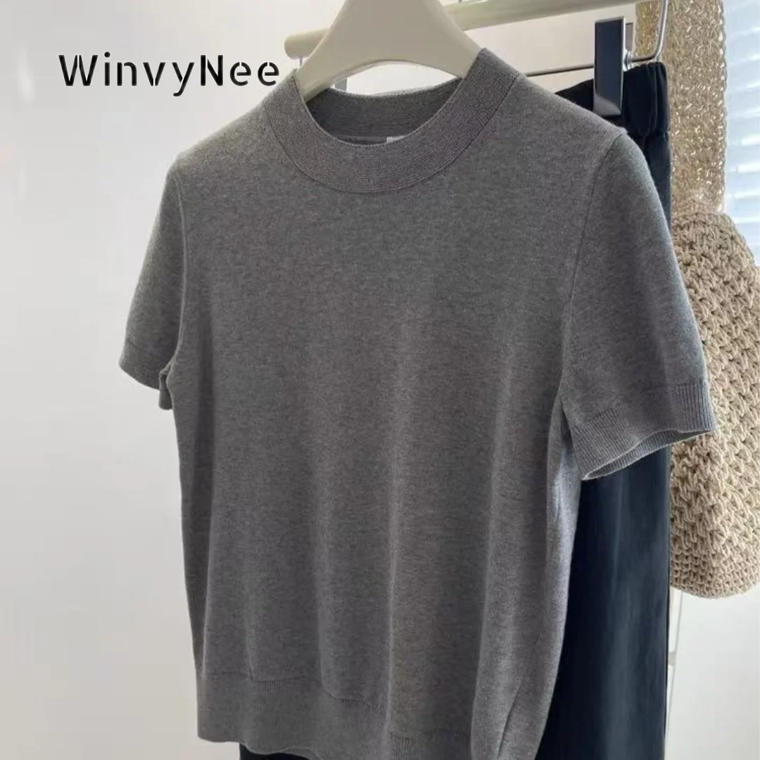 WinvyNee Women Solid Pure Cotton Mock Neck Short Sleeve Knitted Vest Slim Fit Layering Sweater Autumn Spring Outfit ZA1732004